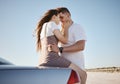 Car, love and couple on a road trip in summer on a holiday vacation for bonding, romance and romantic honeymoon. Travel Royalty Free Stock Photo