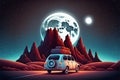 Car with luggage on roof drive on road to mountains on horizon at night. cartoon illustration of landscape with highway, rocks, Royalty Free Stock Photo
