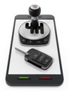 Car manual transmission and key standing on smartphone. 3D illustration