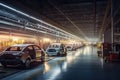 car manufacturing plant during a shift change, with warm light creating a sense of camaraderie