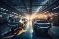 car manufacturing plant during a shift change, with warm light creating a sense of camaraderie