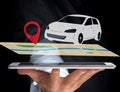 Car on a map with a pin holder - GPS and localization concept