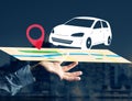 Car on a map with a pin holder - GPS and localization concept