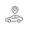 Car with map pointer over it. Car sharing, rent and taxi location. Pixel perfect, editable stroke