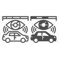 Car map vision data line and solid icon, neural dataset concept. Vector graphics. Data ruler and eye with automobile