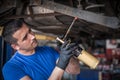 Car master mechanic repairer heating the screws with flamethrower burner