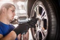 Car master vulcanizer replaces and changes old with new tires Royalty Free Stock Photo