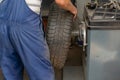 Car mechanic balancing car wheel on a computer machine balancer in auto repair service Royalty Free Stock Photo