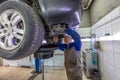 Car mechanic changes oil in a workshop. Mechanic standing under the car and draining oil into a special cannister via funnel