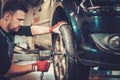 Car mechanic changing car wheel in auto repair service.