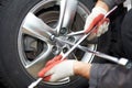 Car mechanic changing tire. Royalty Free Stock Photo