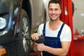 Car mechanic changing tires Royalty Free Stock Photo