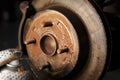 Car mechanic cleaning car wheel brake disk from rust corrosion at automobile repair service station