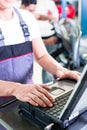 Car mechanic with diagnosis tool in auto workshop Royalty Free Stock Photo