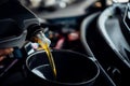 Car mechanic fills a fresh lubricant engine oil Royalty Free Stock Photo