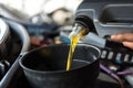 Car mechanic fills a fresh lubricant engine oil Royalty Free Stock Photo