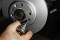 Car mechanic hands installing new car brake discs. Royalty Free Stock Photo