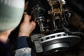 Car mechanic hands installing new car brake discs. Royalty Free Stock Photo