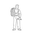 Car mechanic man in professional jumpsuit with car tire in hand. Line art style character vector black white isolated