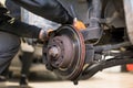 Car mechanic repair brake pads close up.