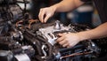 Car mechanic repairing engine in auto repair shop generated by AI Royalty Free Stock Photo