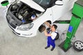 Car mechanic repairs brakes of a vehicle on the lifting platform Royalty Free Stock Photo