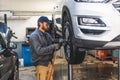 Car mechanic using pneumatic wrench to replace wheel of a vehicle on a hoist Royalty Free Stock Photo