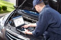 Car mechanic working in auto repair service.