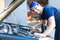 Car mechanic working in auto repair service.