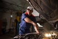 Car mechanic working in auto repair service. Repairing car using Royalty Free Stock Photo