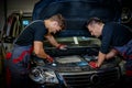 Car mechanics checking under hood in a workshop Royalty Free Stock Photo