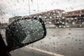 Car mirror, raining outside.