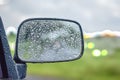 CAR Mirror Window glass ON THE GO -TRAVELLING with condensation of natural water drops. Abstract photo Royalty Free Stock Photo