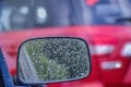 CAR Mirror Window glass ON THE GO -TRAVELLING with condensation of natural water drops. Abstract photo Royalty Free Stock Photo