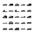 Car model construction passenger public service transport vehicle silhouette style icons set design