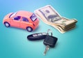 Car money and key on blue background Royalty Free Stock Photo