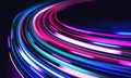 Car motion trails. Speed light streaks vector background with blurred fast moving light effect, blue purple colors on black. Royalty Free Stock Photo