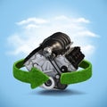 Car motor engine Concept with green arrows from the grass. Recycling concept on blue background Royalty Free Stock Photo