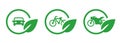 Car motorbike bike motorcycle bicycle in green leaves circle icon symbol of eco friendly environment green