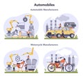 Car and motorcycle production industry set. Vehicle part on the