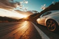 car on mountain road traveling around the world highways and sunset, tires on the asphalt road Royalty Free Stock Photo