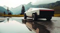 car in the mountains in bad weather reflected in the water