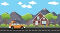 Car move with a pack of lot goods on the road with house and tree mountain as background Royalty Free Stock Photo