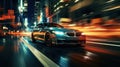 Car in movement with motion blur. A night street scene in downtown Manhattan created with Generative AI