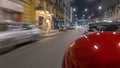 Car moves at fast speed at the night avenue timelapse hyperlapse drivelapse. Royalty Free Stock Photo