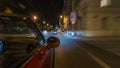 Car moves at fast speed at the night streets timelapse hyperlapse drivelapse. Royalty Free Stock Photo