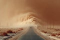 Car moving on a dusty desert road as a massive sandstorm approaches Royalty Free Stock Photo
