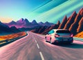 Car moving on road with mountains. Generated AI Royalty Free Stock Photo