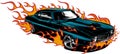 Car muscle old 70s vector illustration with flames Royalty Free Stock Photo