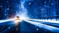 car navigates a snowy, hazardous road through a dark winter forest at night, snowstorm and slippery road